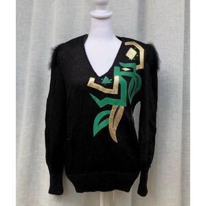 Elizabeth New York black pullover v-neck sweater green gold abstract embroidery
